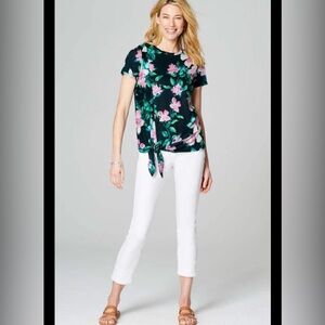 J. Jill Love Linen Blue Floral Knot Front Short Sleeve Top 100% Linen S16
